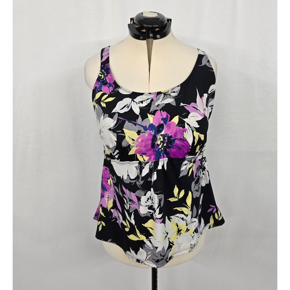 Beach Belle Tankini Swim Top Women's 20 Black Purple Floral Print Stretch